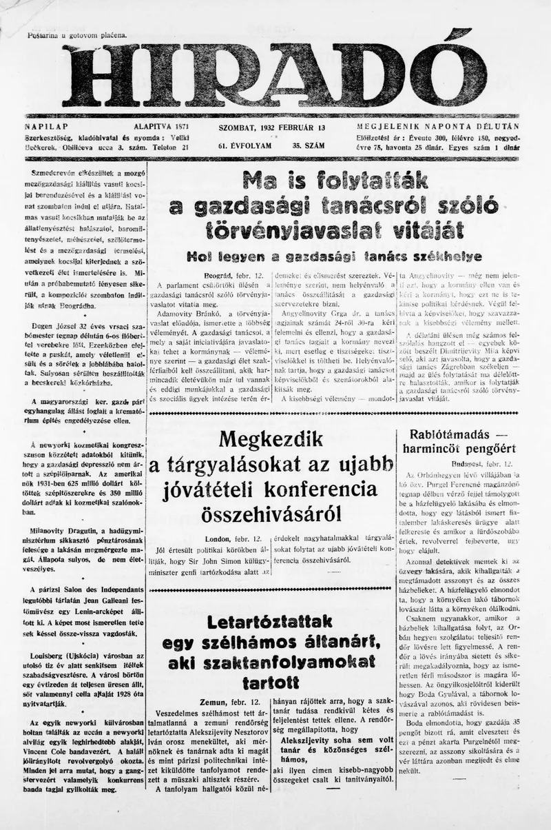 Híradó, 61. évf. 1932. február 13. 35. sz.
