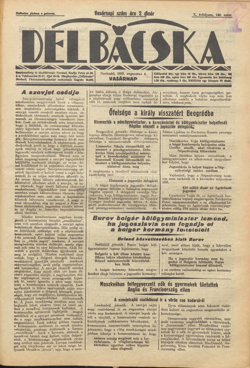 Délbácska, 10. évf. 1929. augusztus 4. 180. sz.