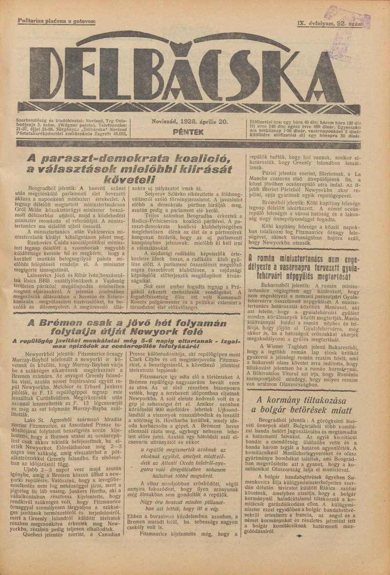 Délbácska, 9. évf. 1928. április 20. 92. sz.