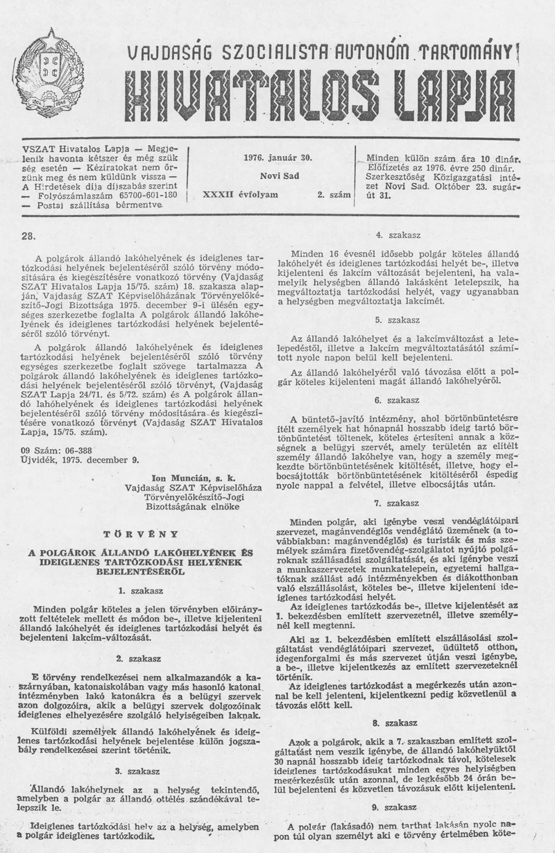 Vajdaság Szocialista Autonóm Tartomány Hivatalos Lapja, 32. évf. 1976. január 30. 2. sz. 49–60. oldal