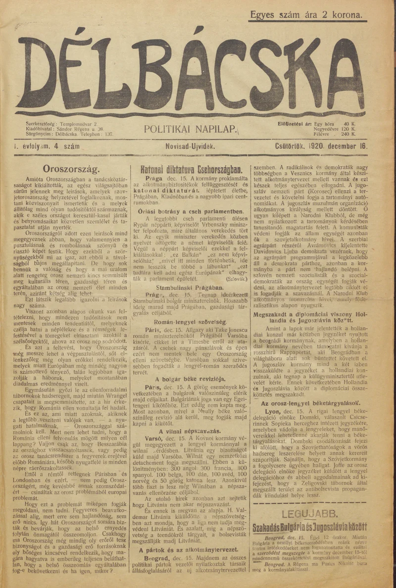 Délbácska, 1. évf. 1920. december 16. 4. sz.