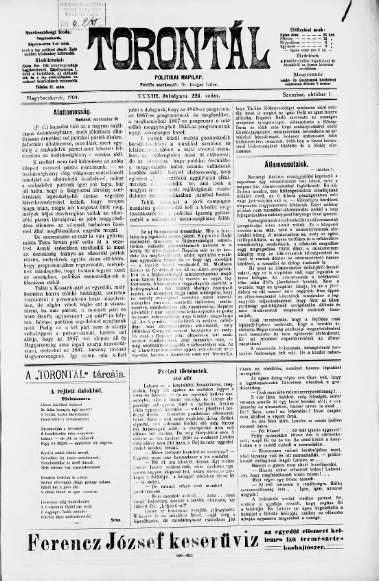 Torontál, 33. évf. 1904. október 1. 224. sz.