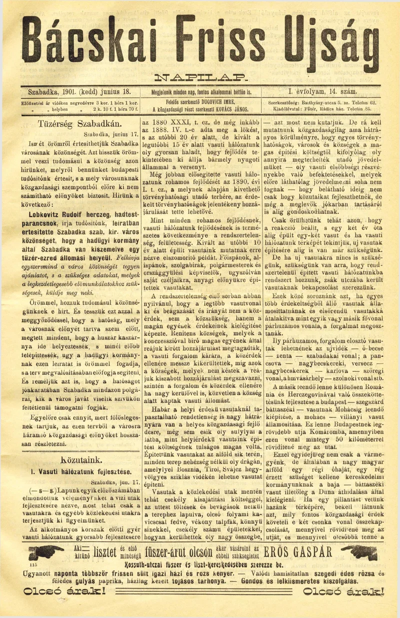 Bácskai Friss Ujság, 1. évf. 1901. június 18. 14. sz.