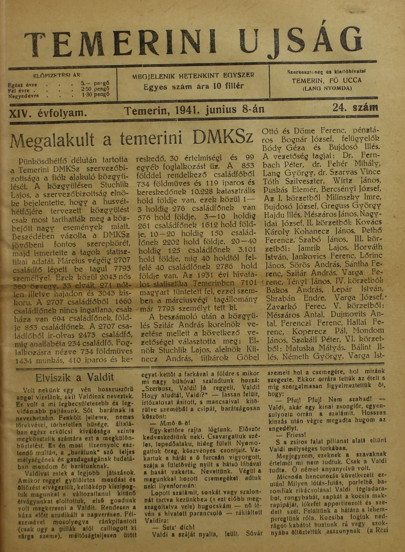 Temerini Újság 1928-1944, 14. évf. 1941. június 8. 24. sz.