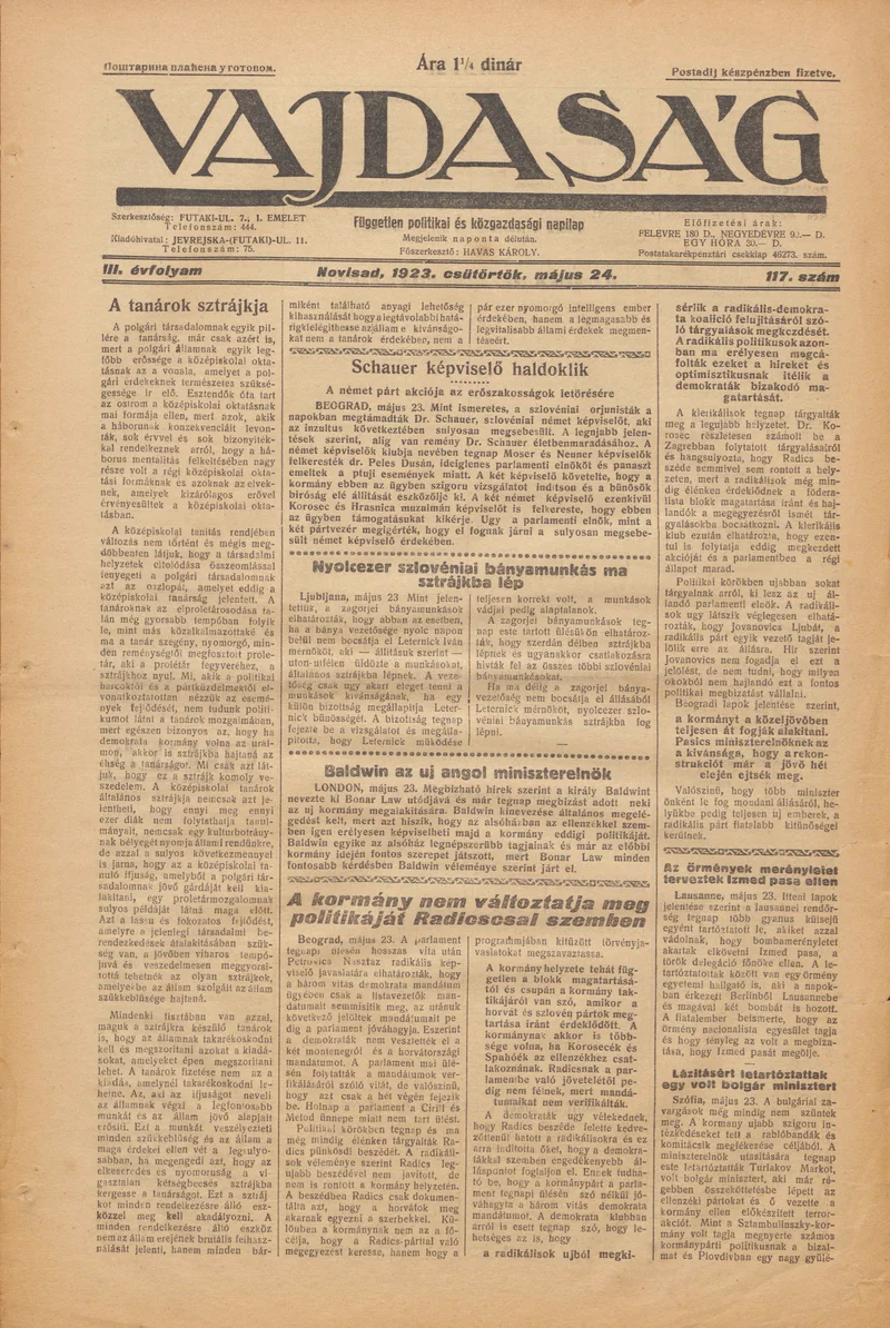 Vajdaság, 3. évf. 1923. május 24. 117. sz.