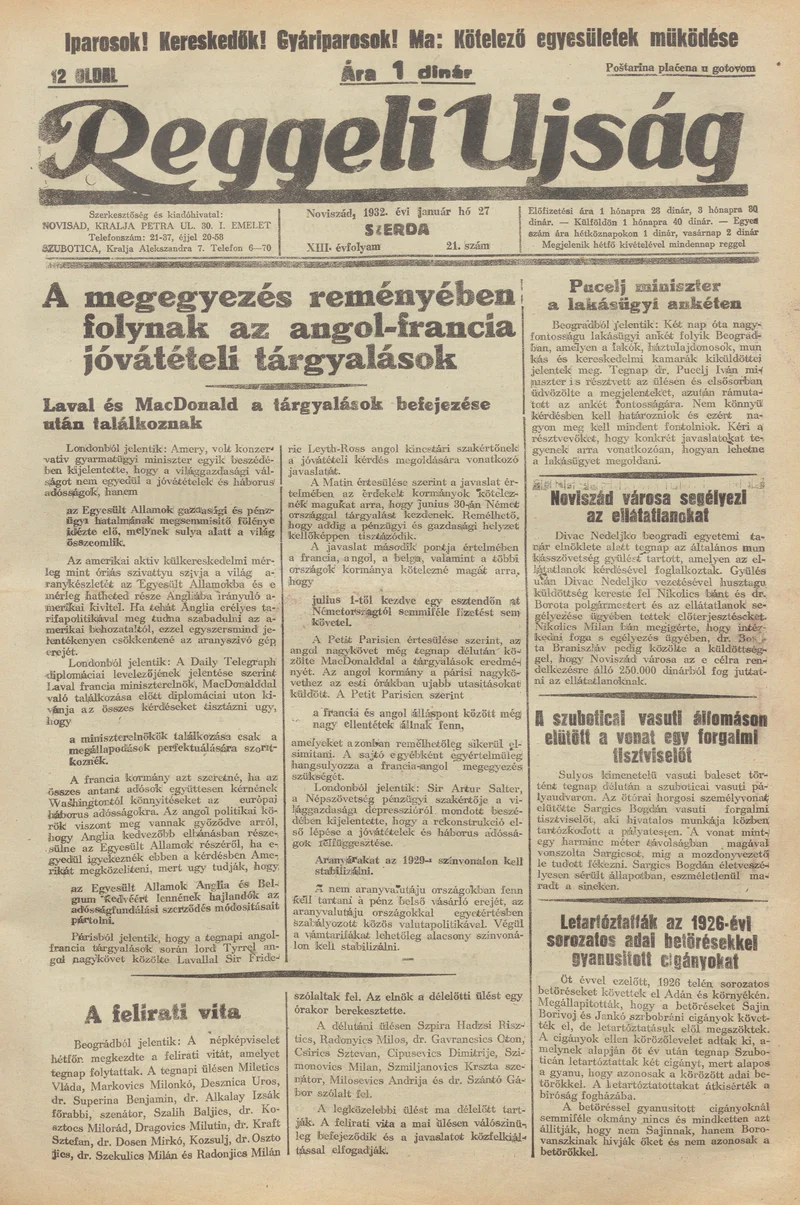Reggeli Újság, 13. évf. 1932. január 27. 21. sz.