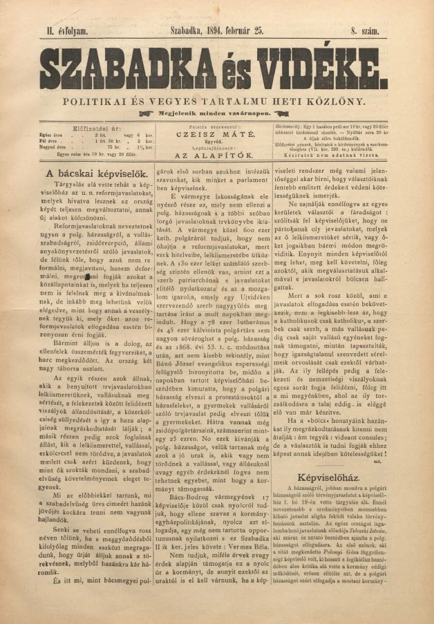 Szabadka és vidéke II, 2. évf. 1894. február 25. 8. sz.