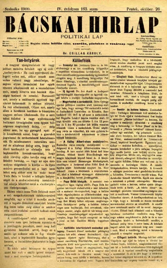 Bácskai Hirlap, 4. évf. 1900. október 26. 163. sz.