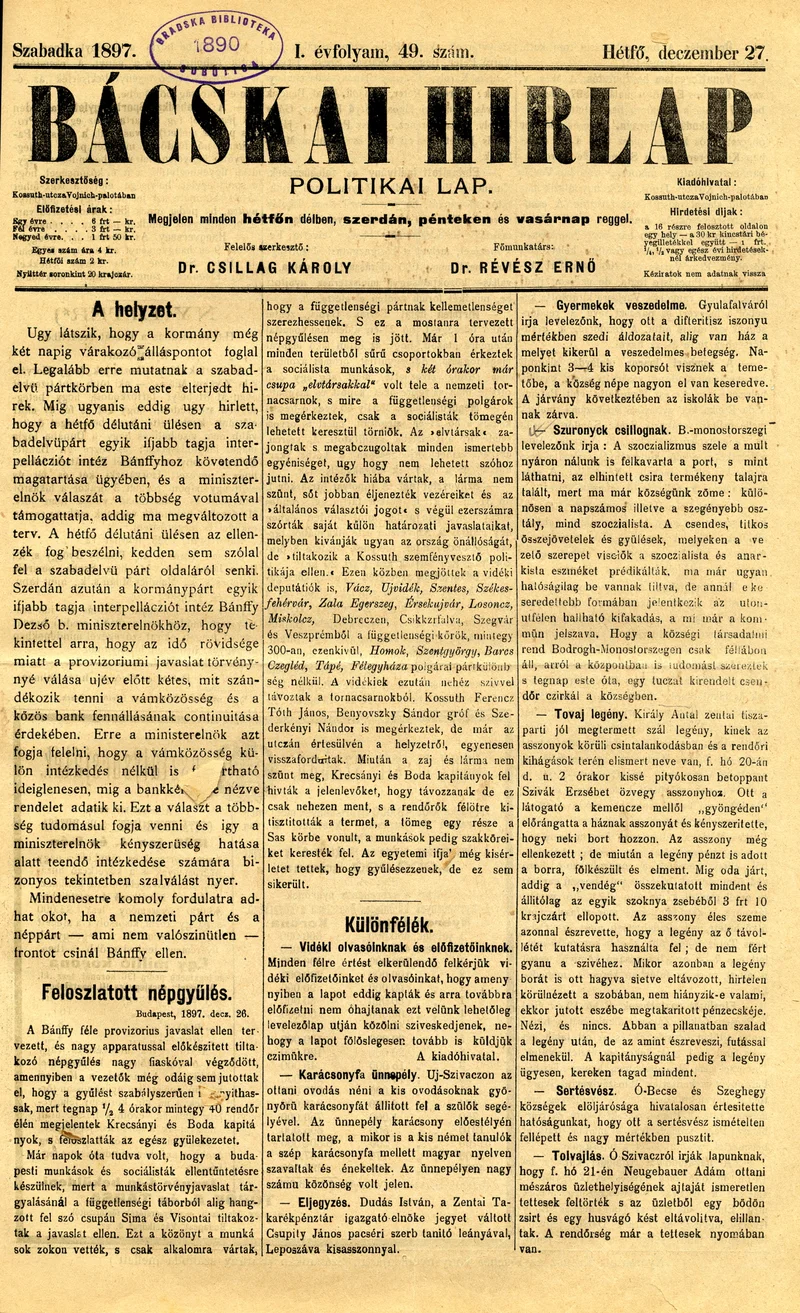 Bácskai Hirlap, 1. évf. 1897. december 27. 49. sz. 1–2. oldal