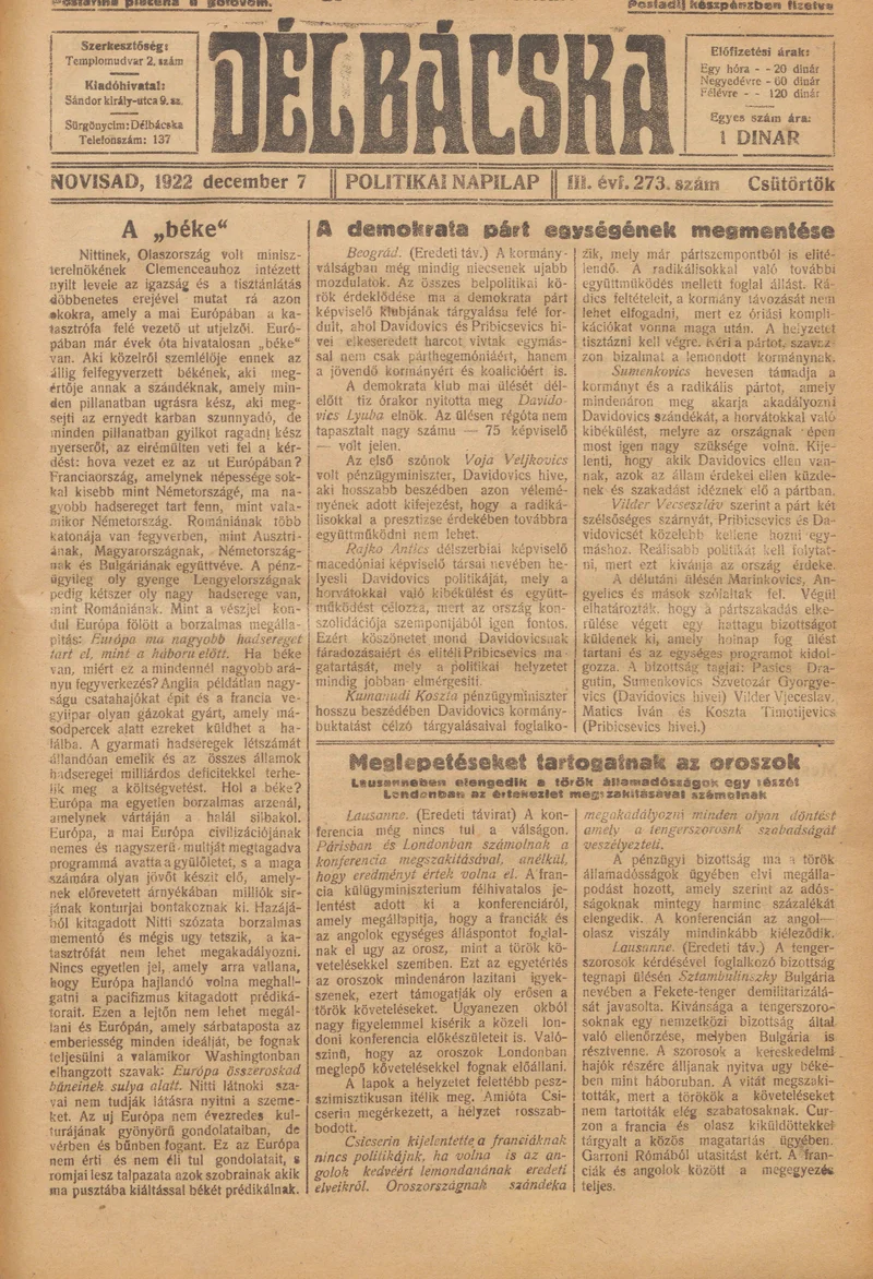 Délbácska, 3. évf. 1922. december 7. 273. sz.