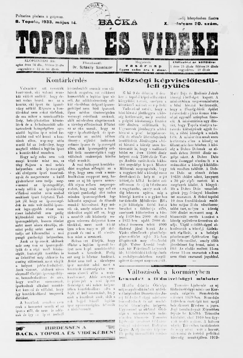 Bačka Topola és Vidéke, 10. évf. 1933. május 14. 20. sz.