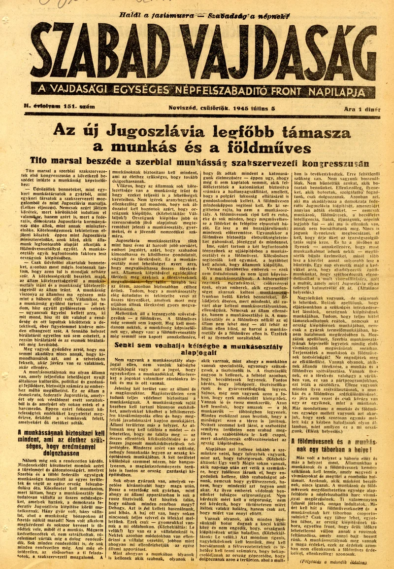 Szabad Vajdaság, 2. évf. 1945. július 5. 151. sz.