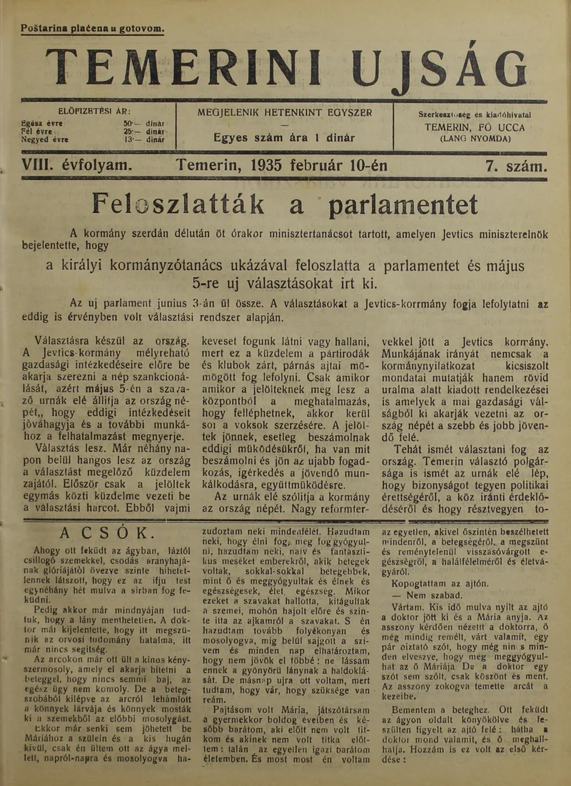 Temerini Újság 1928-1944, 8. évf. 1935. február 10. 7. sz.