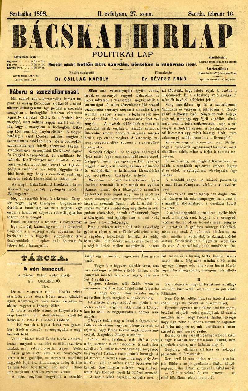 Bácskai Hirlap, 2. évf. 1898. február 16. 27. sz. 1–4. oldal