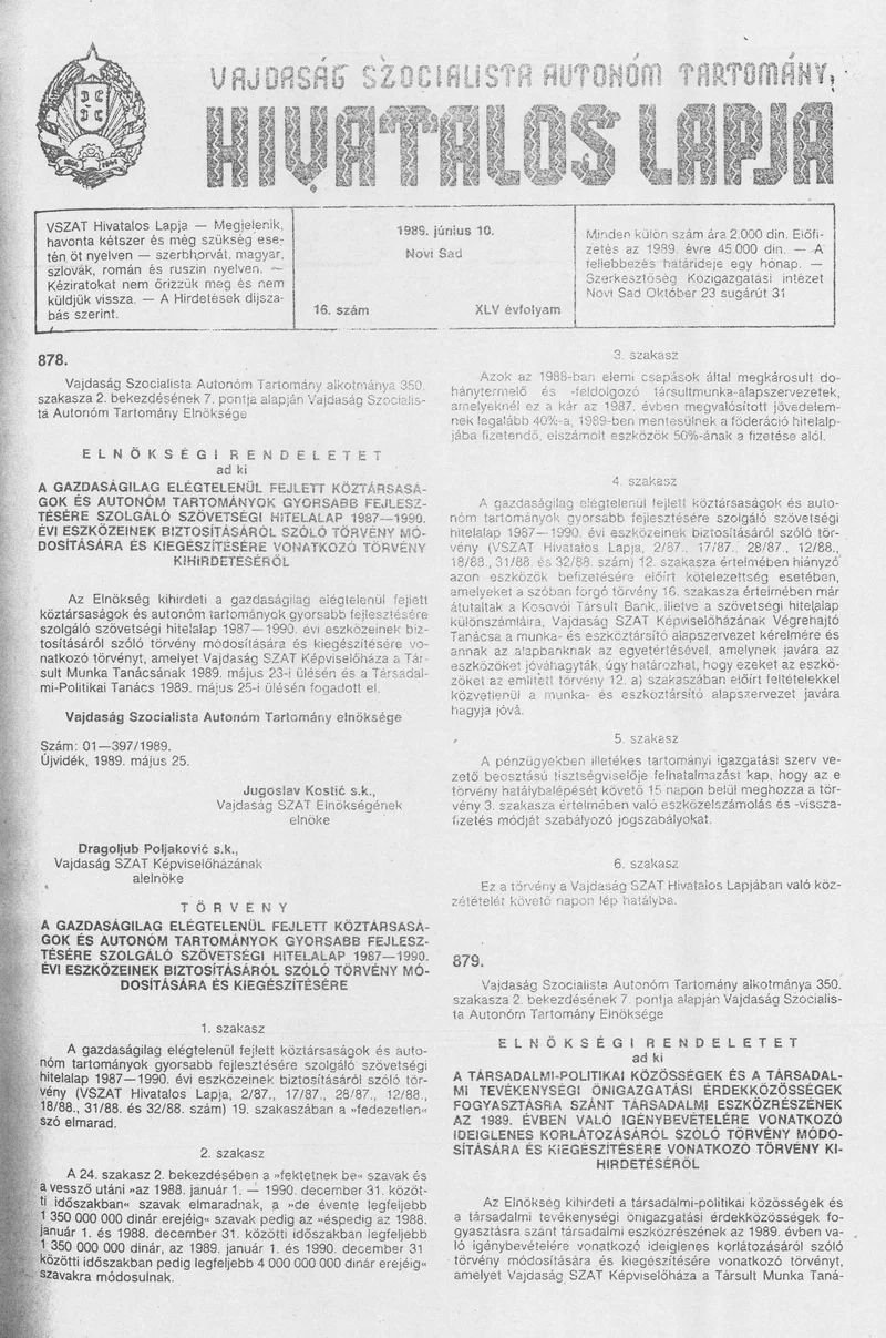 Vajdaság Szocialista Autonóm Tartomány Hivatalos Lapja, 45. évf. 1989. június 10. 16. sz.