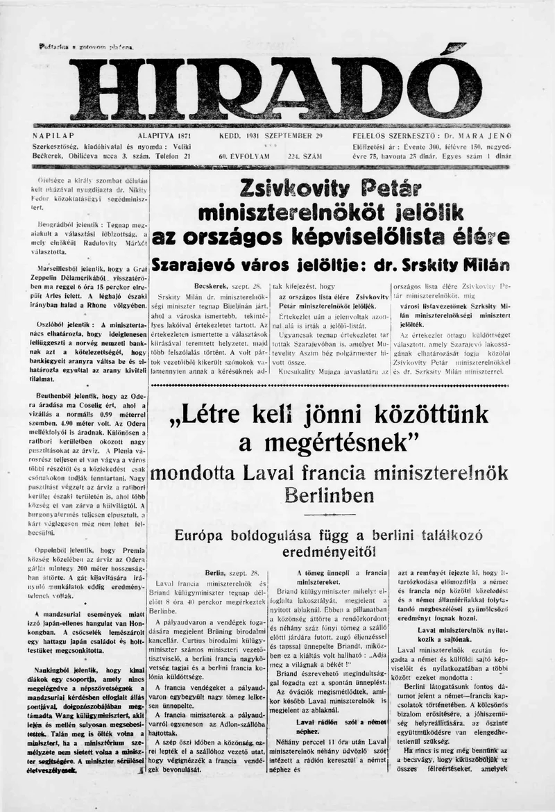 Híradó, 60. évf. 1931. szeptember 29. 224. sz.