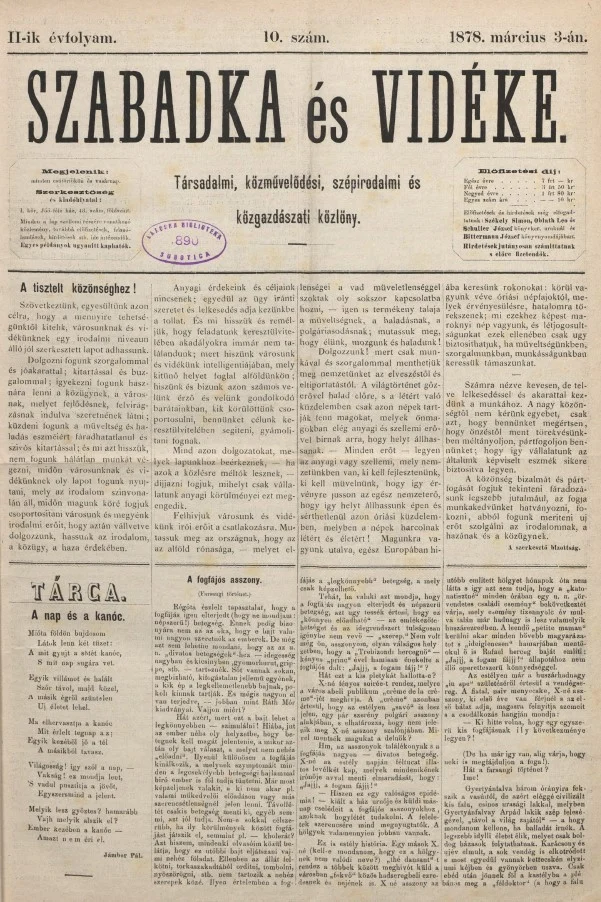 Szabadka és vidéke, 2. évf. 1878. március 3. 10. sz.