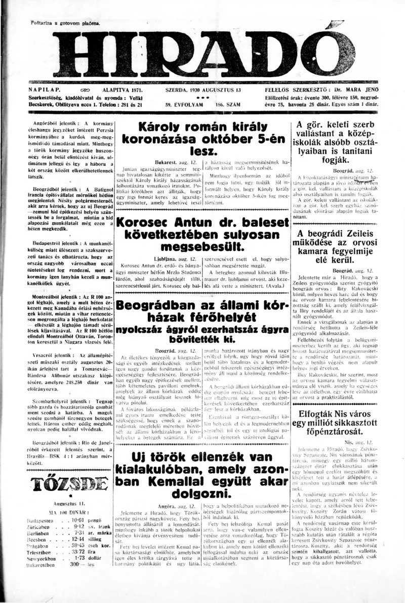 Híradó, 59. évf. 1930. augusztus 13. 186. sz.