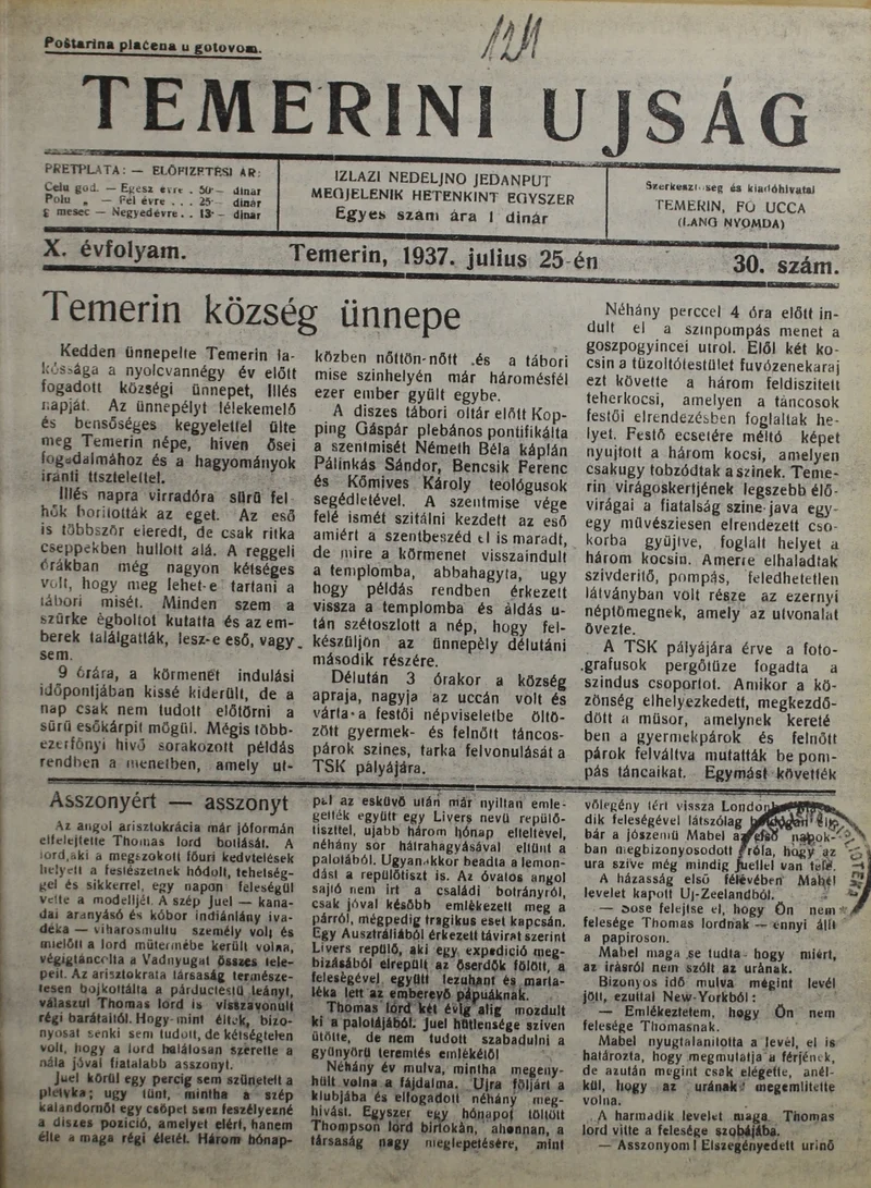 Temerini Újság 1928-1944, 10. évf. 1937. július 25. 30. sz.