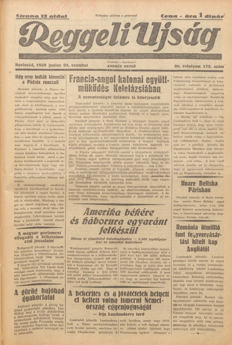 Reggeli Újság, 20. évf. 1939. június 24. 172. sz.