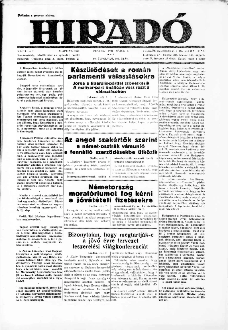 Híradó, 60. évf. 1931. május 8. 105. sz.