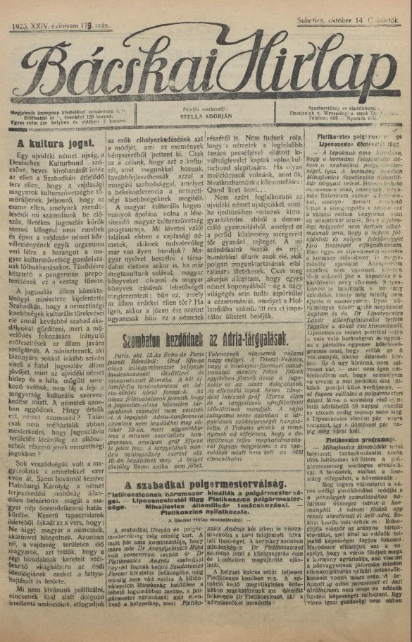 Bácskai Hirlap, 24. évf. 1920. október 14. 173. sz.