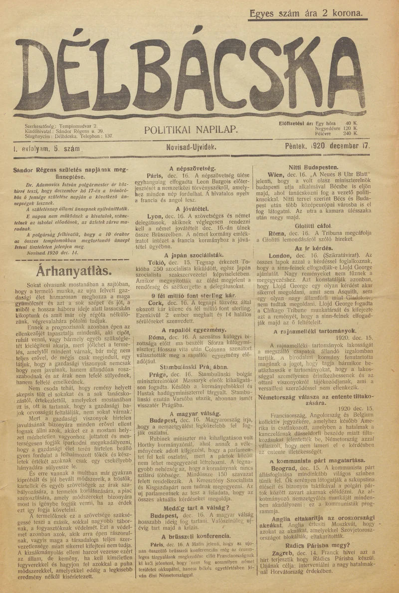 Délbácska, 1. évf. 1920. december 17. 5. sz.