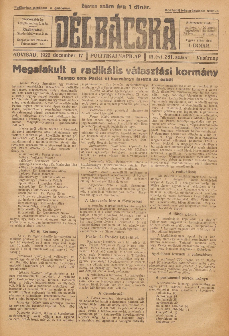 Délbácska, 3. évf. 1922. december 17. 281. sz.