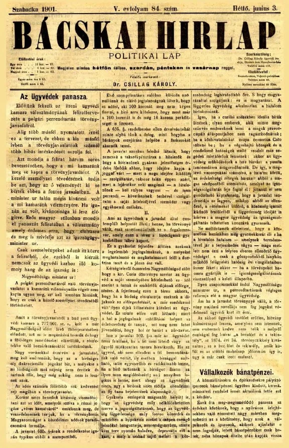Bácskai Hirlap, 5. évf. 1901. június 3. 84. sz.