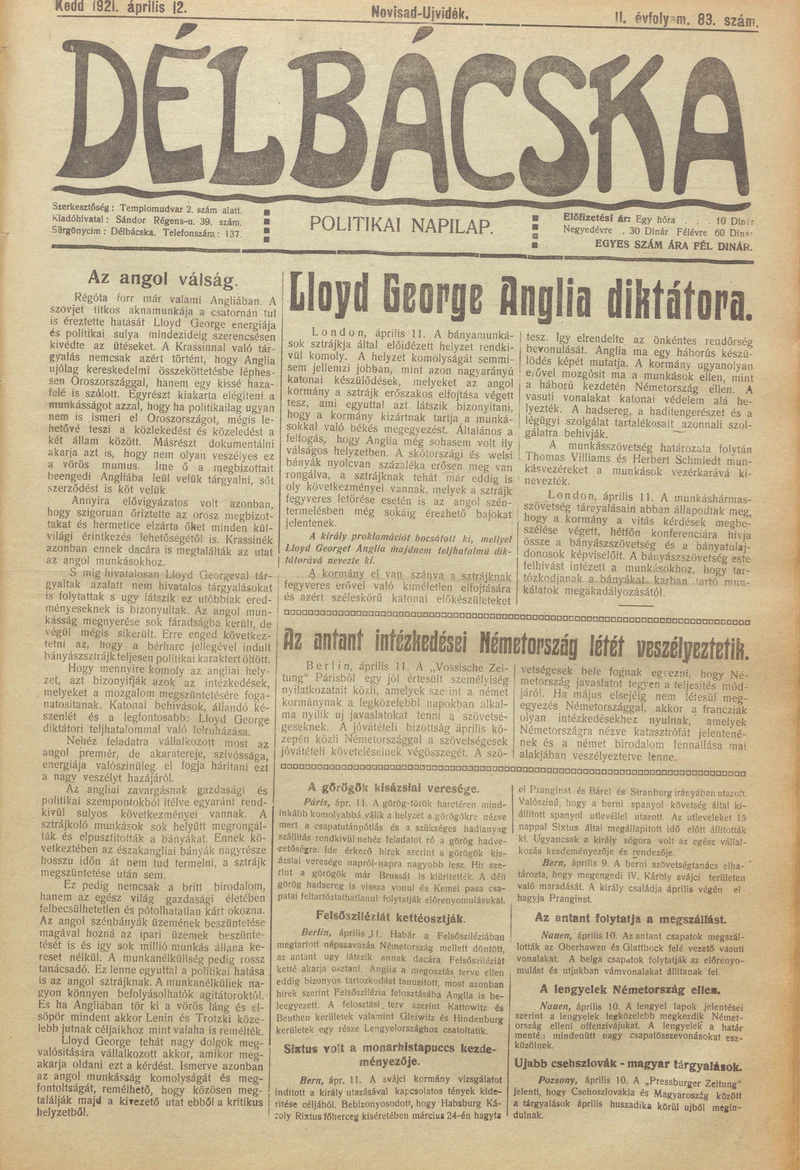 Délbácska, 2. évf. 1921. április 12. 83. sz.