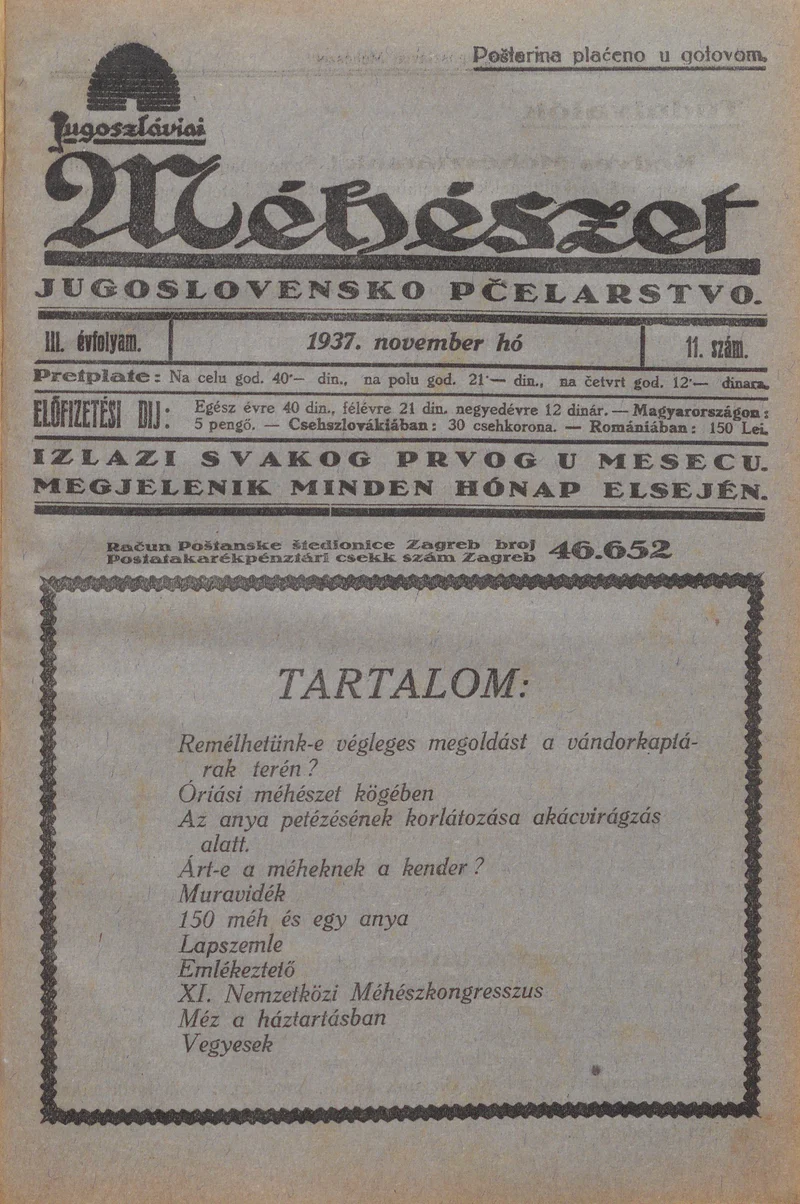 Jugoszláviai méhészet, 3. évf. 1937. november 1. 11. sz.