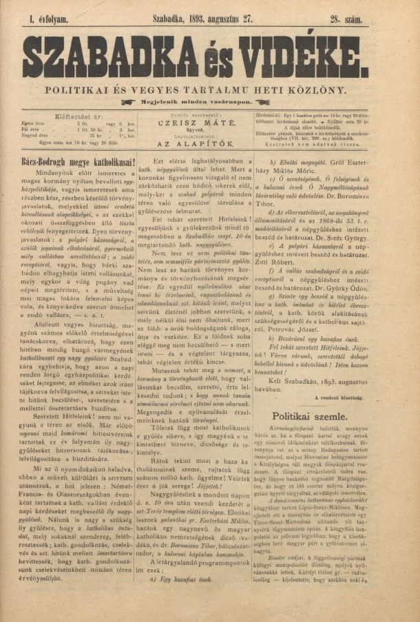 Szabadka és vidéke II, 1. évf. 1893. augusztus 27. 28. sz.