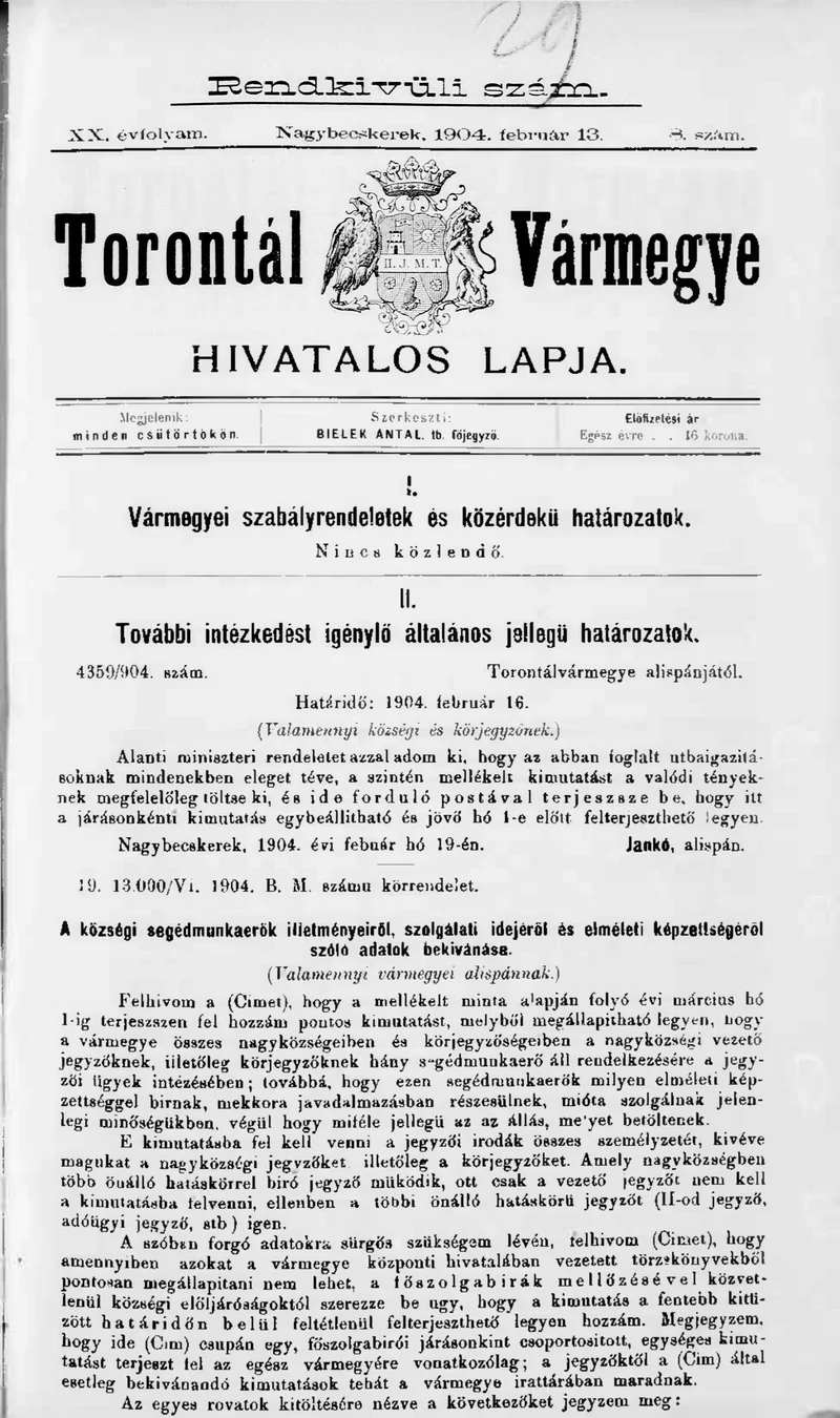 Torontál Vármegye Hivatalos Lapja, 20. évf. 1904. február 13. 8. sz.