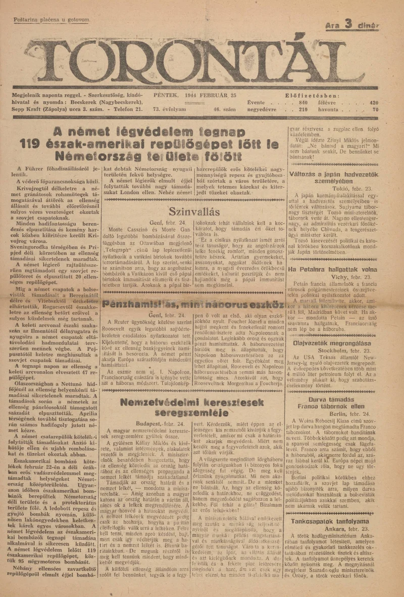 Torontál, 73. évf. 1944. február 25. 46. sz.