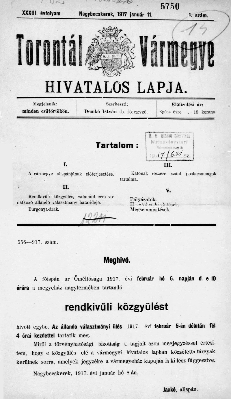 Torontál Vármegye Hivatalos Lapja, 33. évf. 1917. január 11. 1. sz.