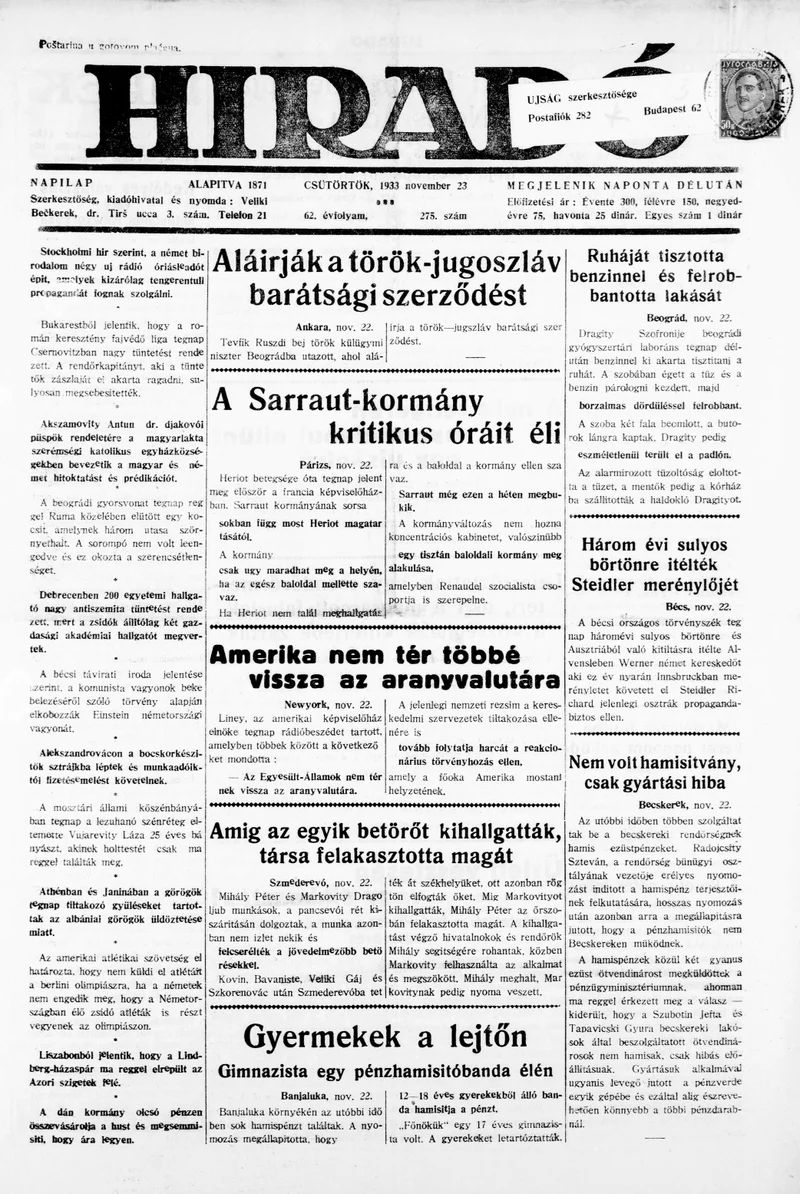 Híradó, 62. évf. 1933. november 23. 275. sz.