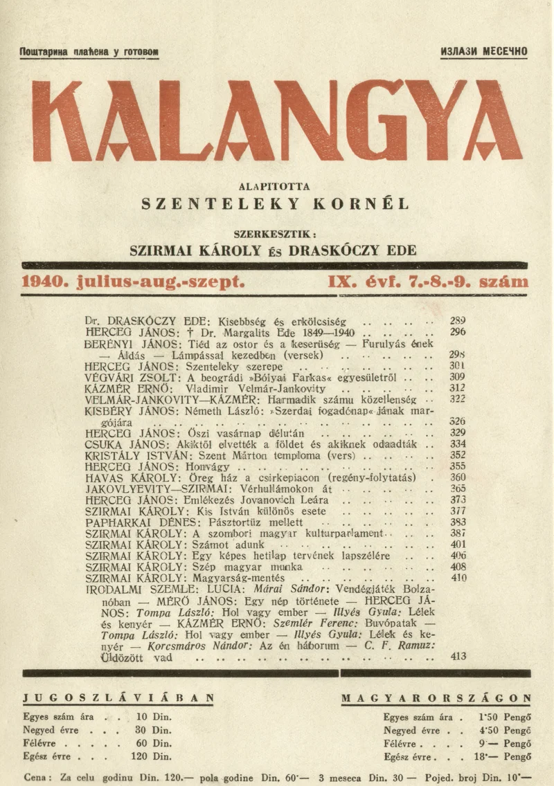 Kalangya, 9. évf. 1940. július – szeptember. 7–9. sz. 289–428. oldal