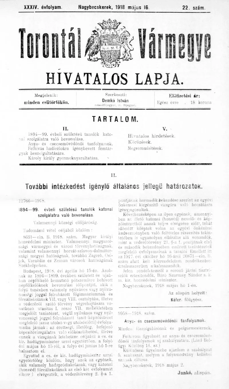 Torontál Vármegye Hivatalos Lapja, 34. évf. 1918. május 16. 22. sz.