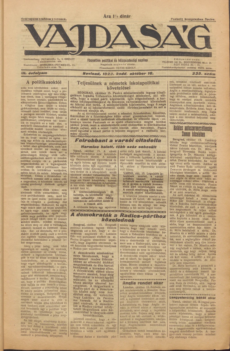 Vajdaság, 3. évf. 1923. október 16. 235. sz.