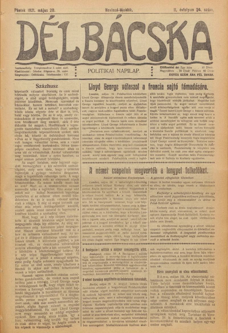 Délbácska, 2. évf. 1921. május 20. 114. sz.