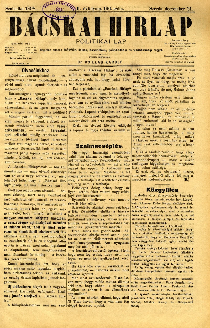 Bácskai Hirlap, 2. évf. 1898. december 21. 196. sz. 1–4. oldal