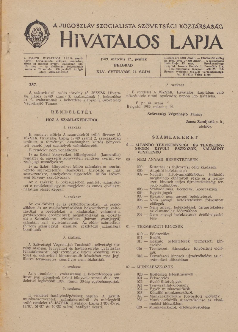 A Jugoszláv Szocialista Szövetségi Köztársaság Hivatalos Lapja, 45. évf. 1989. március 17. 21. sz. 505–568. oldal