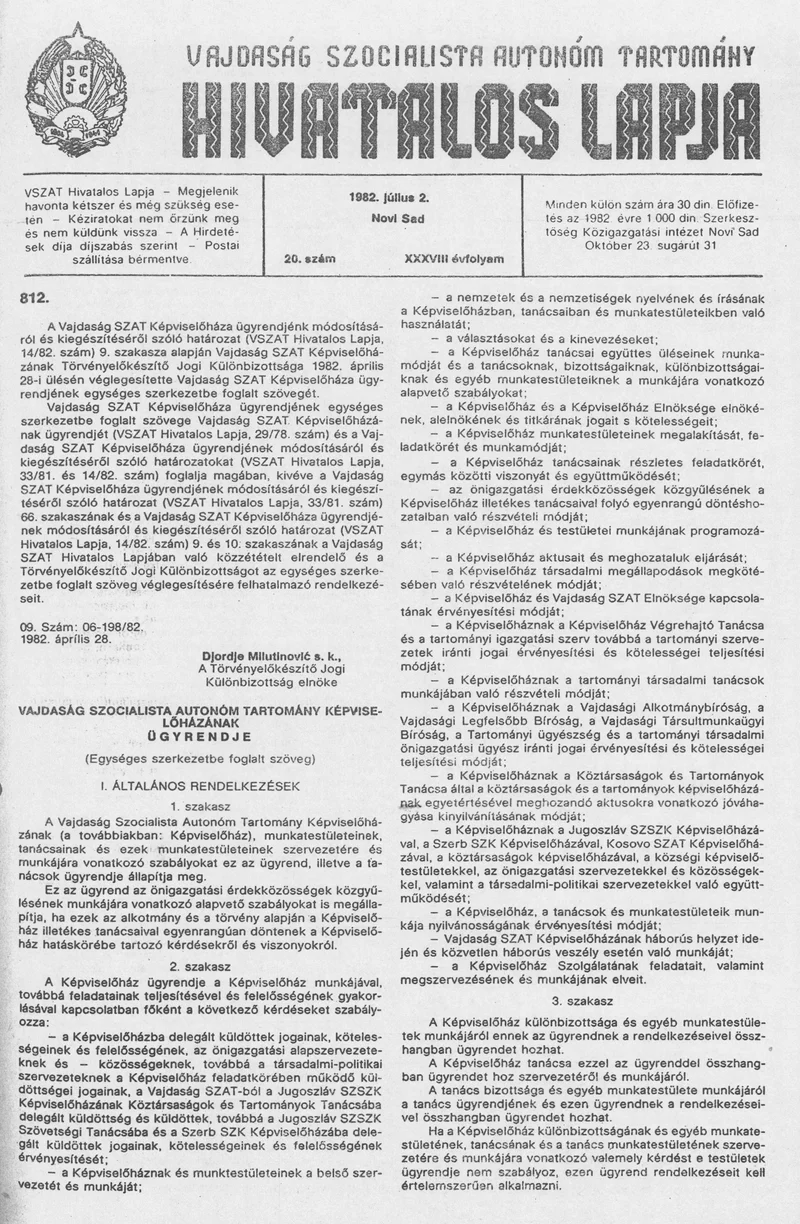 Vajdaság Szocialista Autonóm Tartomány Hivatalos Lapja, 38. évf. 1982. július 2. 20. sz.