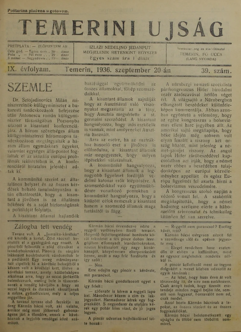 Temerini Újság 1928-1944, 9. évf. 1936. szeptember 20. 39. sz.