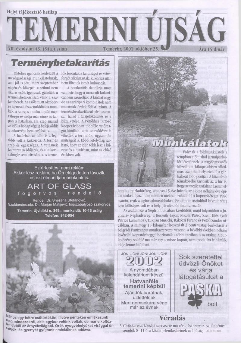 Temerini Újság, 7. évf. 2001. október 25. 43. sz.