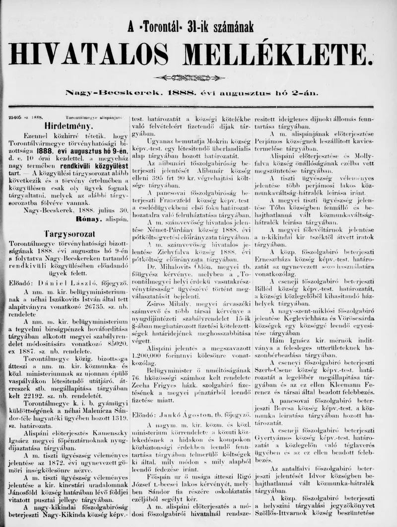 A Totontál  hivatalos melléklete, 1. évf. 1888. augusztus 2. 31. sz.