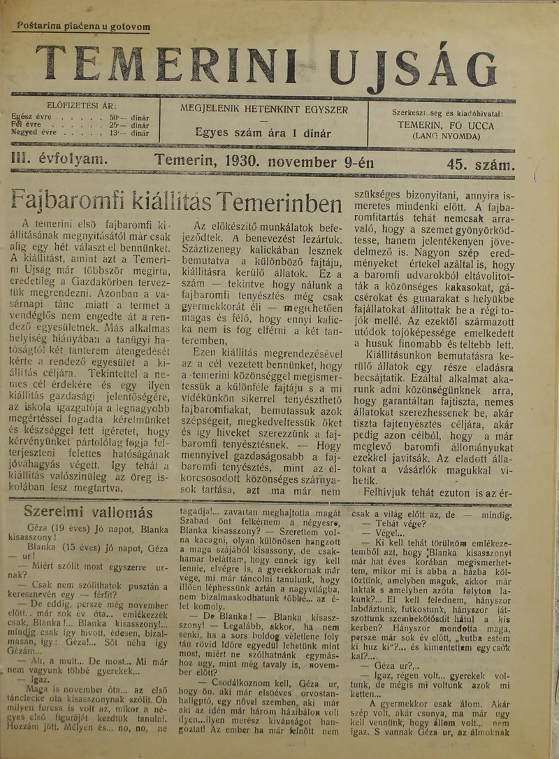 Temerini Újság 1928-1944, 3. évf. 1930. november 9. 45. sz.