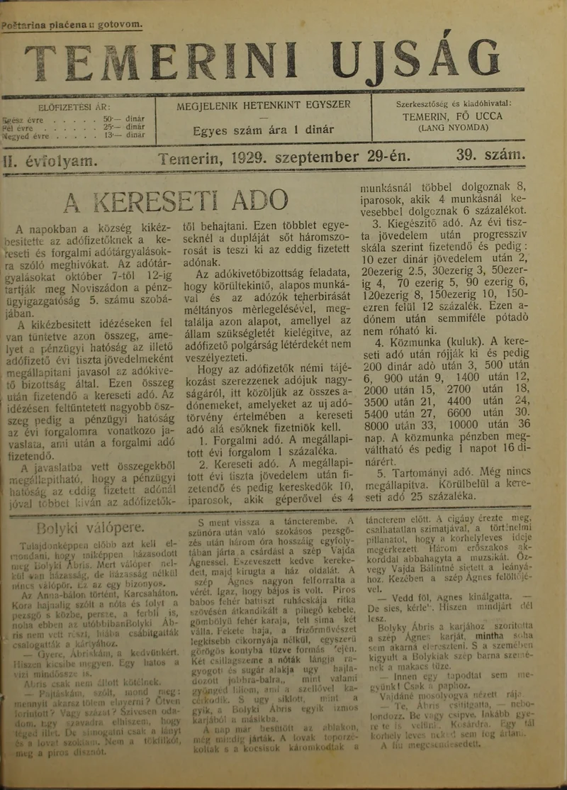 Temerini Újság 1928-1944, 2. évf. 1929. szeptember 29. 39. sz.