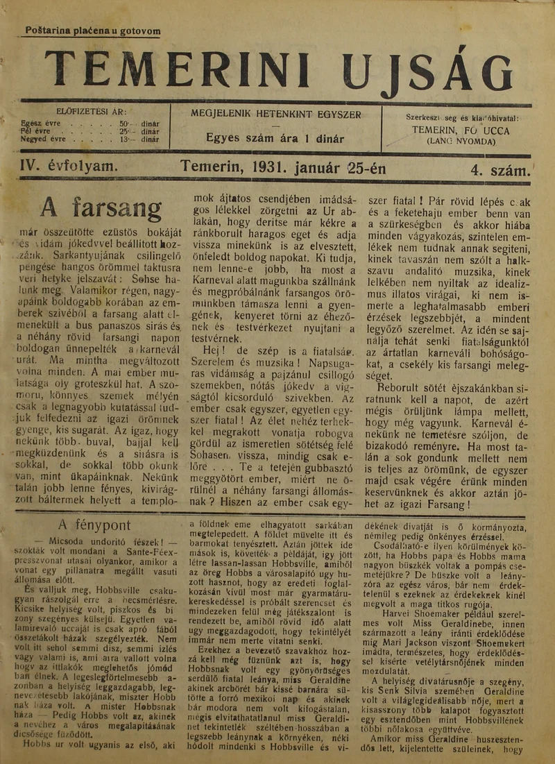 Temerini Újság 1928-1944, 4. évf. 1931. január 25. 4. sz.