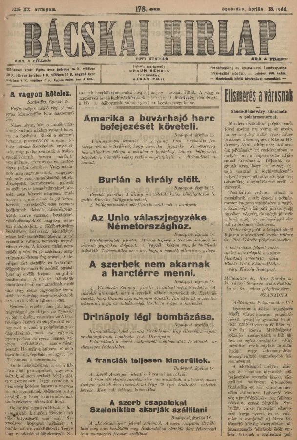 Bácskai Hirlap, 20. évf. 1916. április 18. 178. sz.